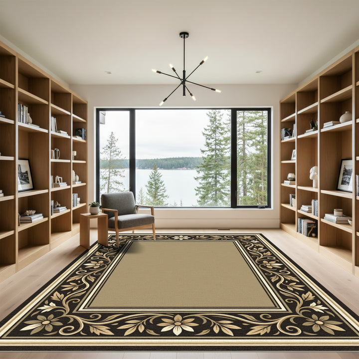 Golden Floral Scrollwork Frame Rug