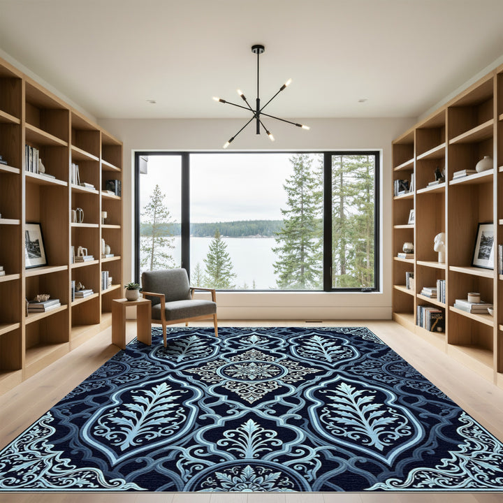Navy Blue Intricate Floral Arch Rug