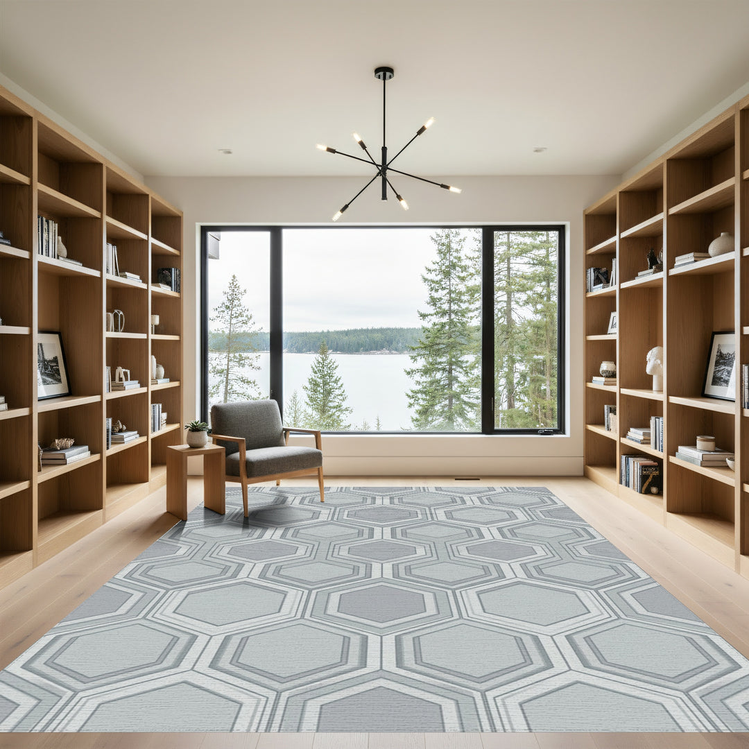 Cool Gray Layered Hexagon Grid Rug
