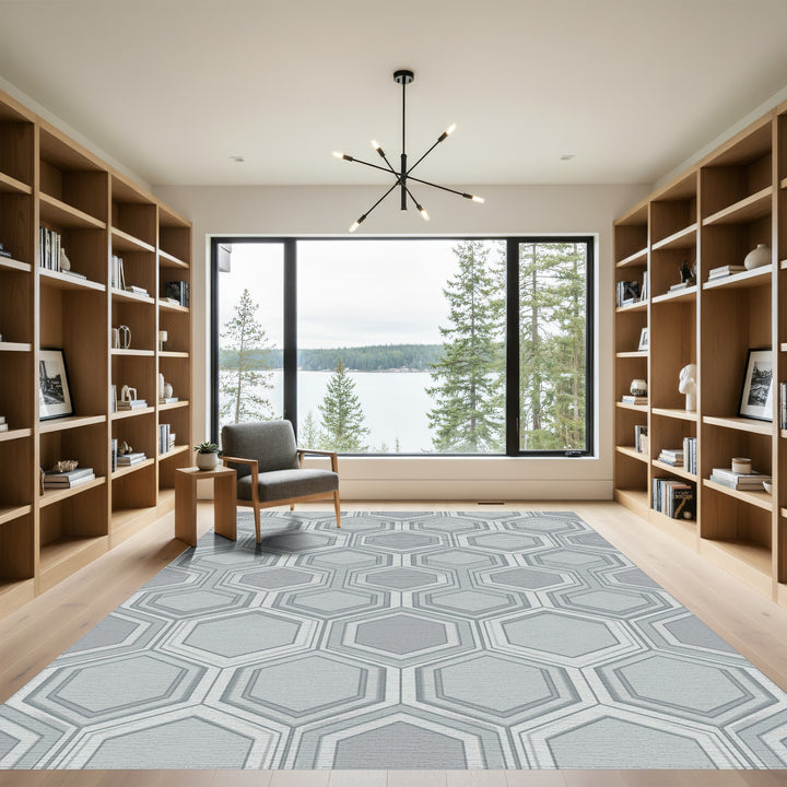 Cool Gray Layered Hexagon Grid Rug