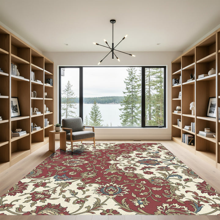 Rich Red Floral Garden Serpentine Rug