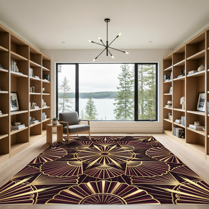 Art Deco Maroon Gold Fan Area Rug