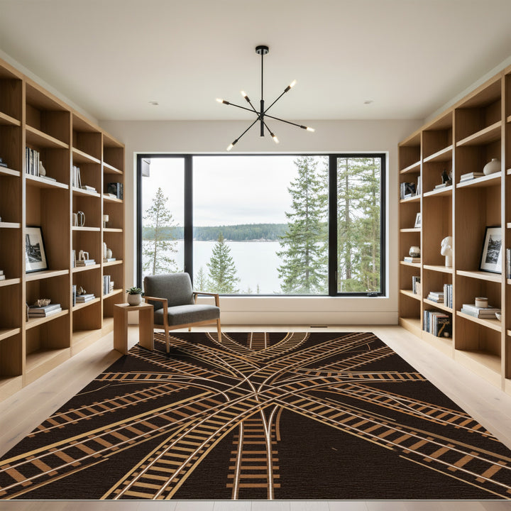 Golden Brown Train Tracks Intersection Rug