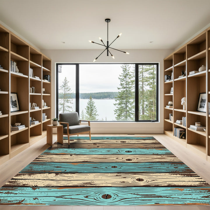 Distressed Wood Plank Aqua And Cream Rug