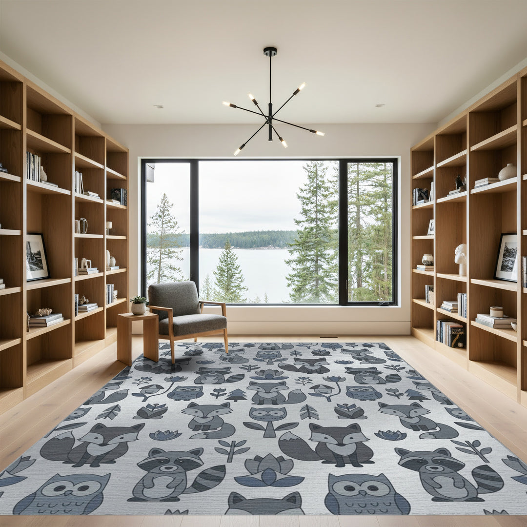 Gray Woodland Creatures Owl Fox Raccoon Rug