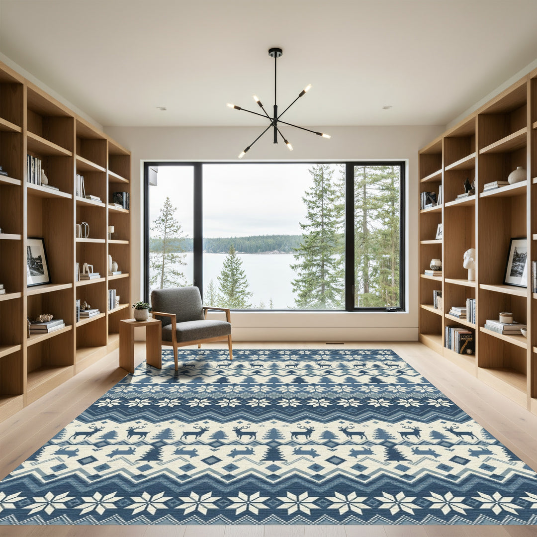 Nordic Blue Deer Snowflake Forest Rug