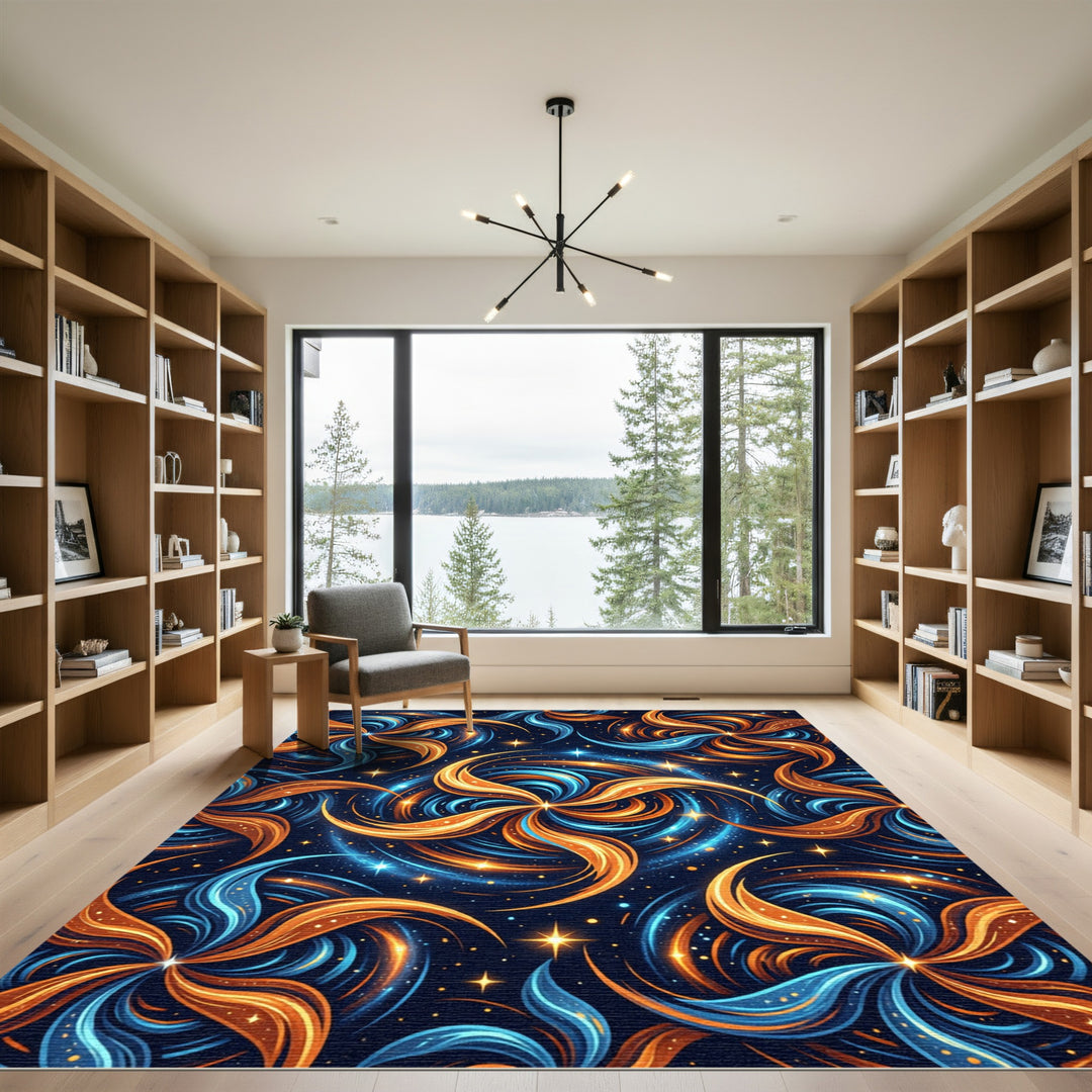 Cosmic Swirl Orange Blue Starburst Rug