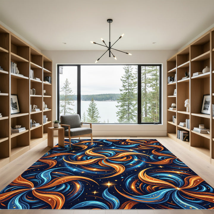 Cosmic Swirl Orange Blue Starburst Rug