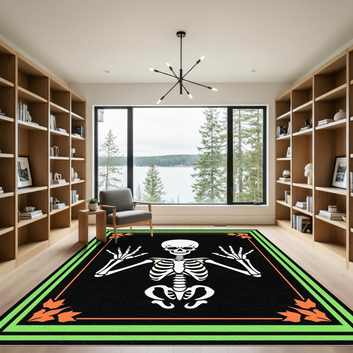 Spooky Skeleton Orange Leaf Border Rug