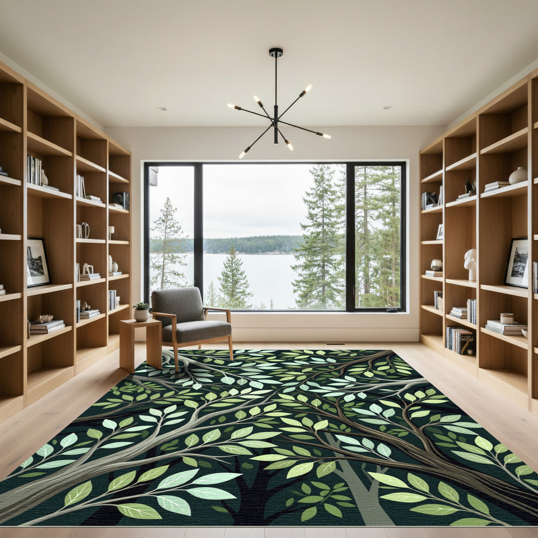 Earthy Green Tree Branch Canopy Rug
