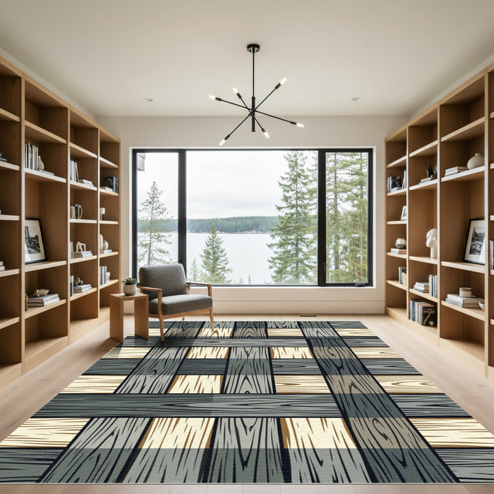 Wood Plank Geometric Checkerboard Rug