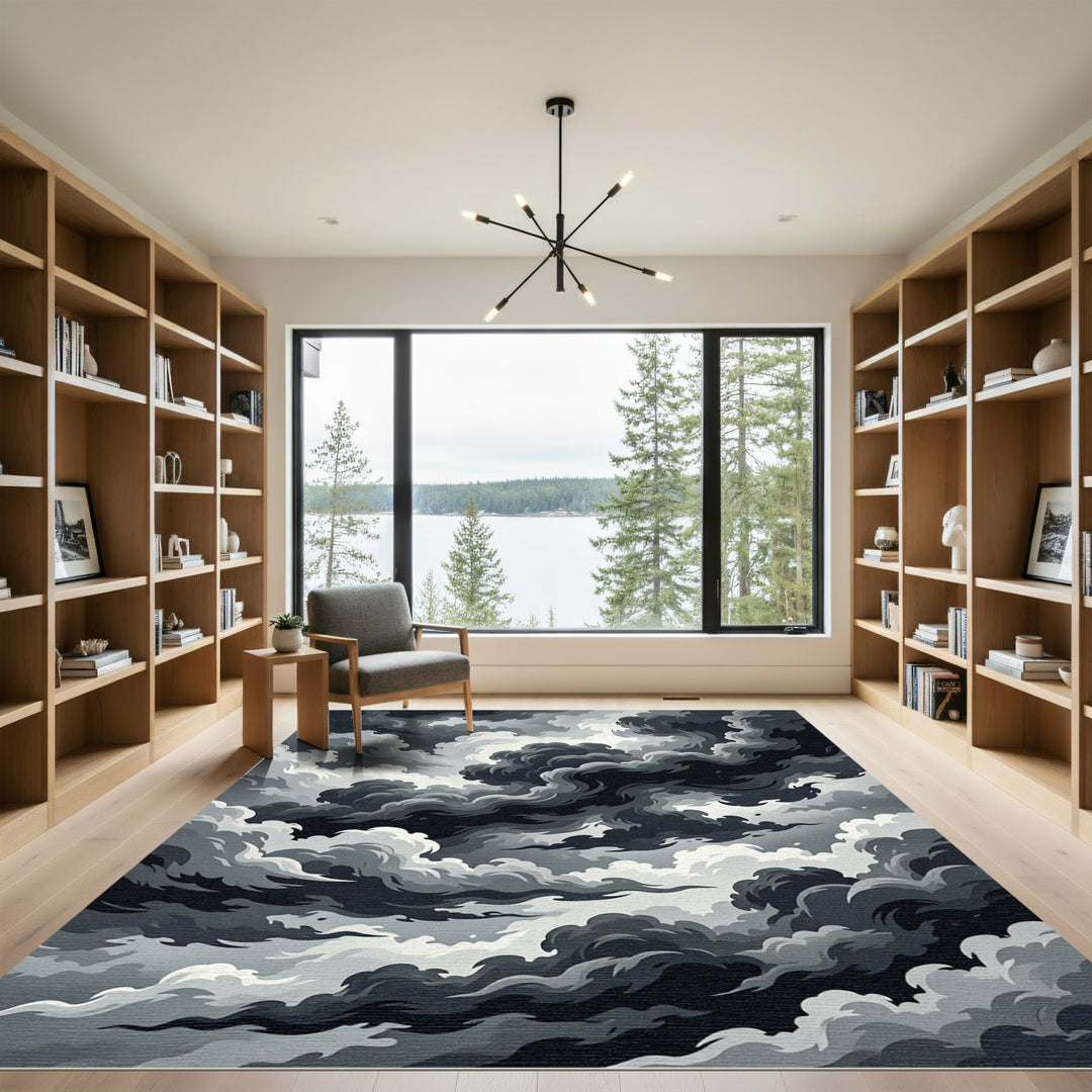 Dramatic Black and White Swirling Clouds Rug