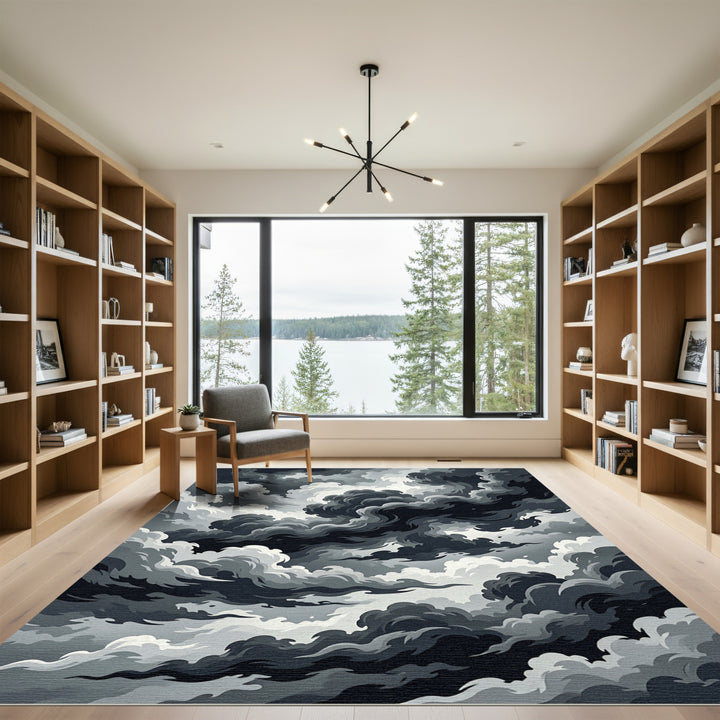 Dramatic Black and White Swirling Clouds Rug