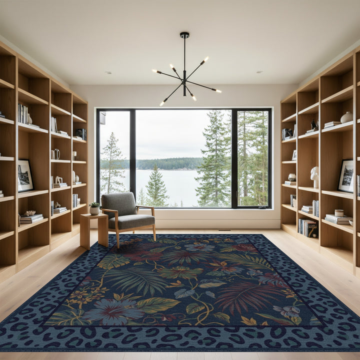 Vibrant Tropical Floral Leopard Border Rug