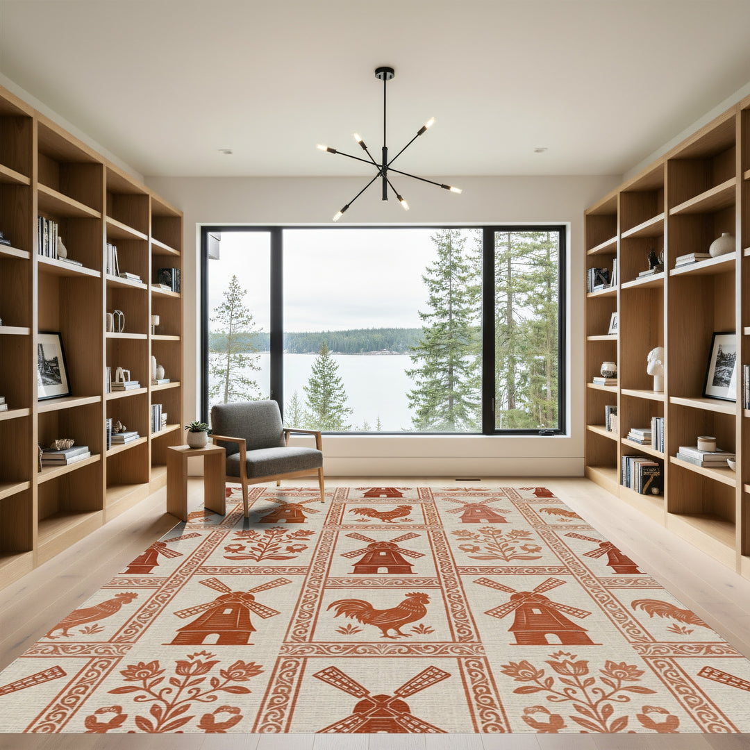 Rustic Terra Cotta Windmills and Roosters Rug