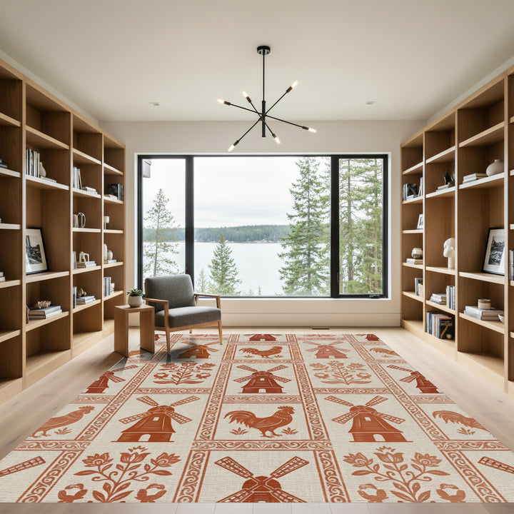 Rustic Terra Cotta Windmills and Roosters Rug