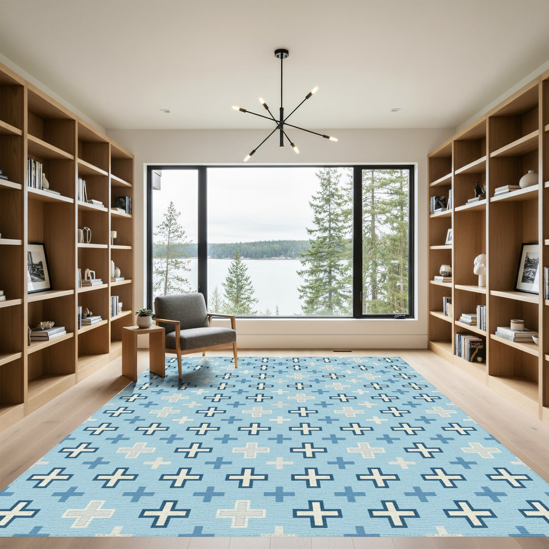 Sky Blue Cross Geometric Tile Rug