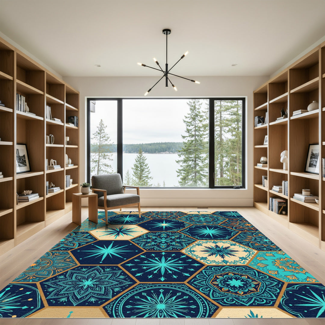 Teal Turquoise Hexagon Mandala Medallion Rug