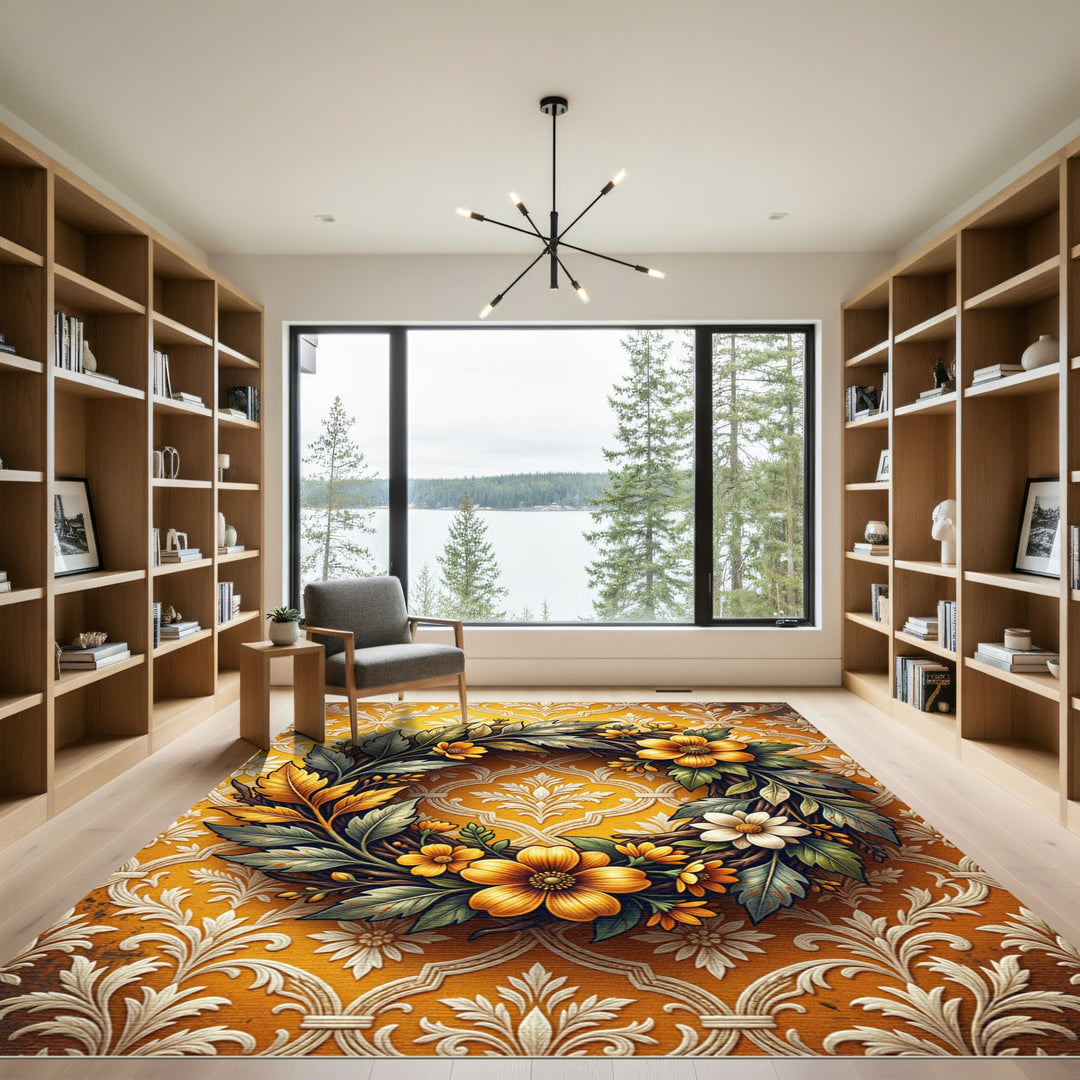 Golden Floral Wreath Damask Rug