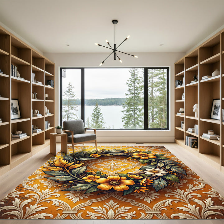 Golden Floral Wreath Damask Rug