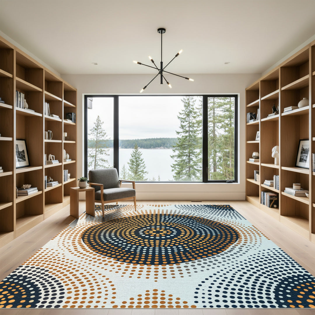 Golden Orange Dark Blue Halftone Circles Rug