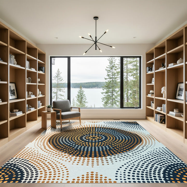Golden Orange Dark Blue Halftone Circles Rug