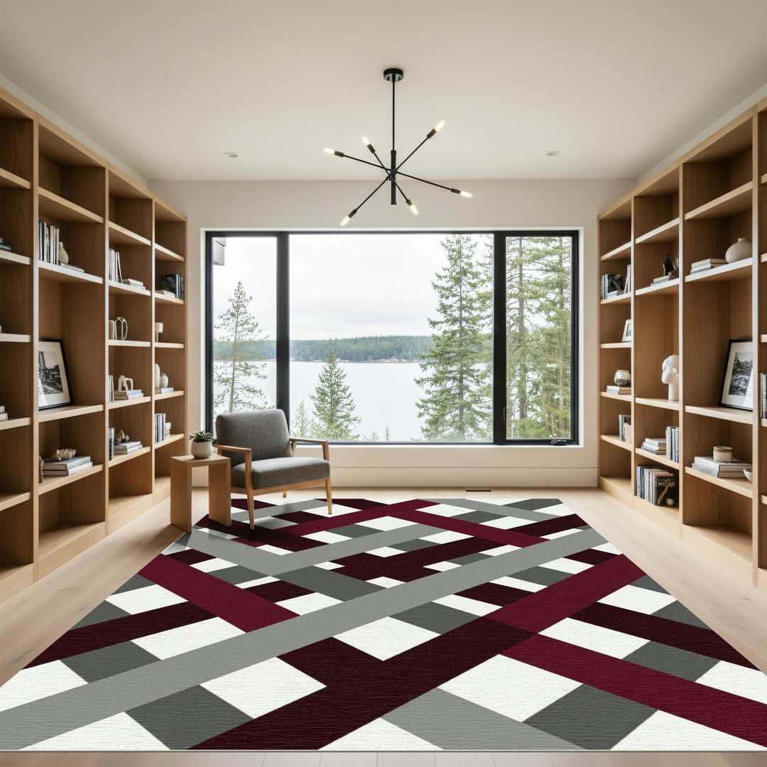 Maroon Gray Plaid Intersection Rug
