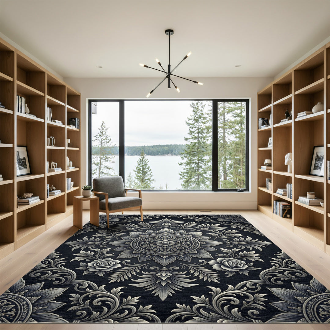 Ornate Charcoal Floral Mandala Rug