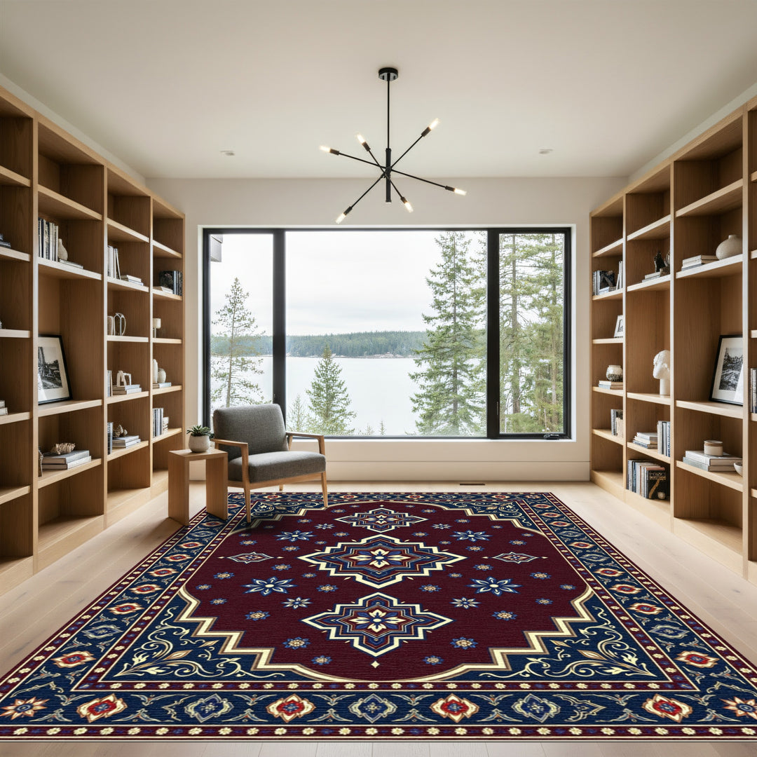 Deep Burgundy Geometric Medallion Rug