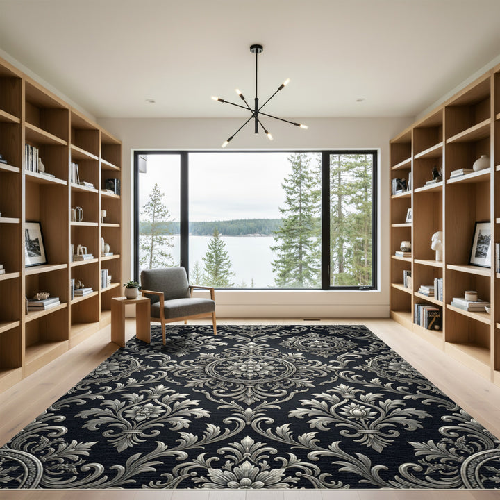 Ornate Silver Damask Floral Ornament Rug