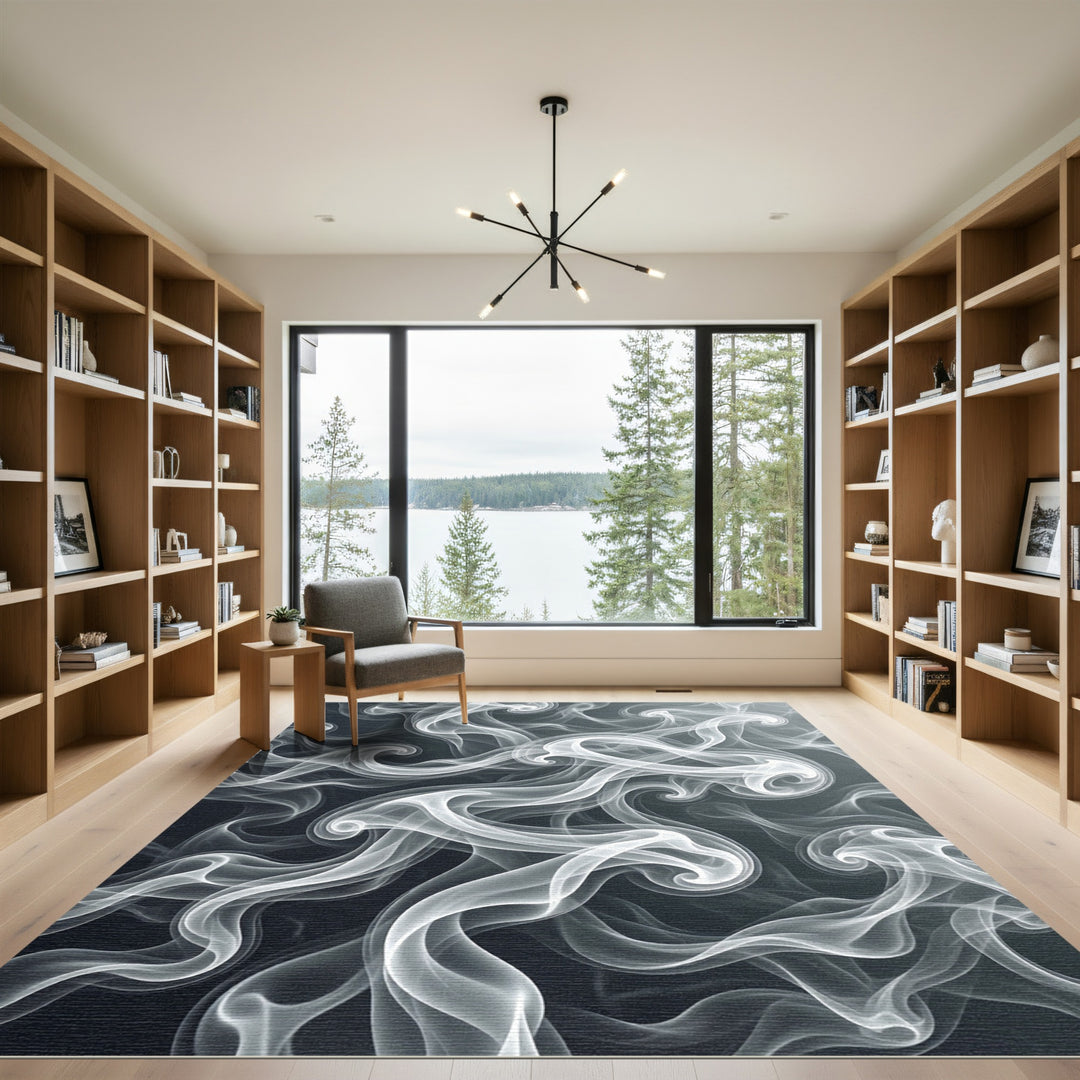 Abstract White Swirl Smoke Rug