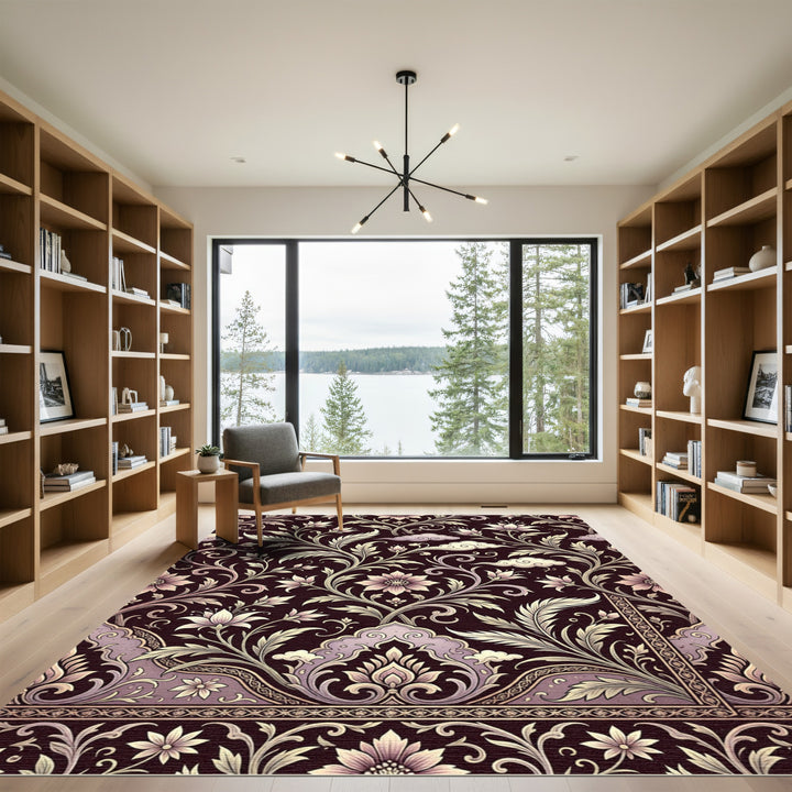 Elegant Plum Floral Paisley Border Rug