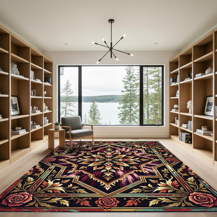Crimson Golden Floral Medallion Rug