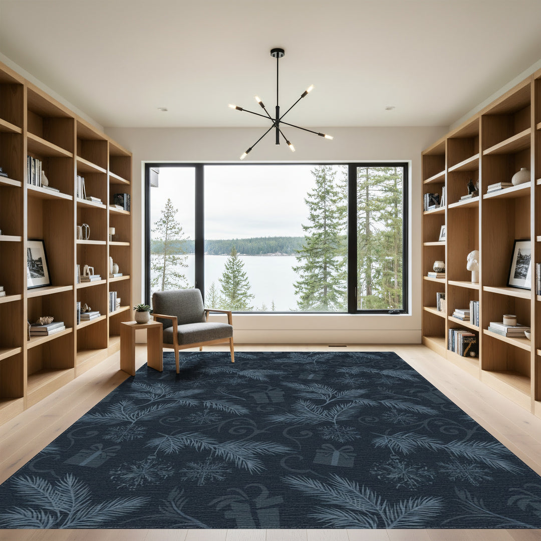 Midnight Blue Festive Pinecone Snowflakes Rug