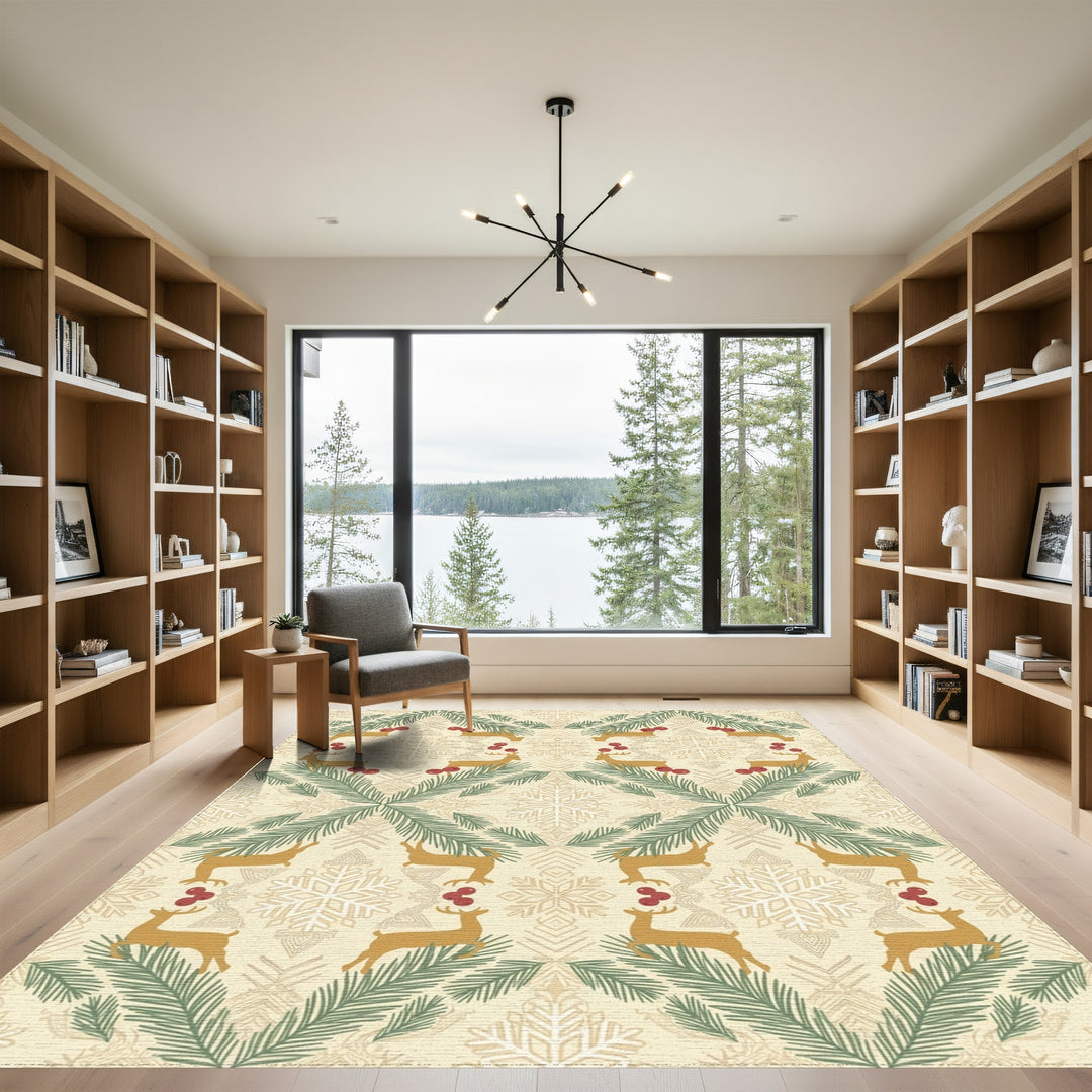 Golden Reindeer Pine Berry Snowflakes Rug