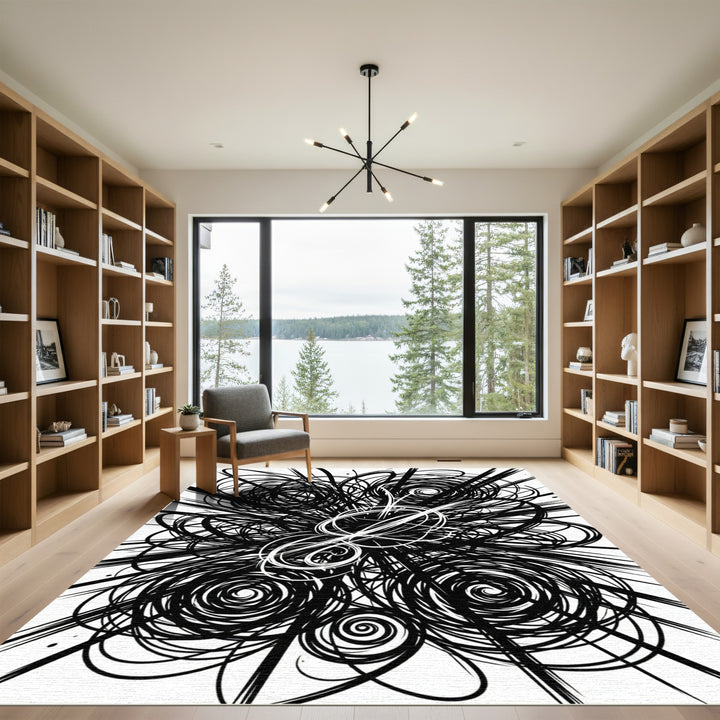 Black White Swirl Burst Composition Rug