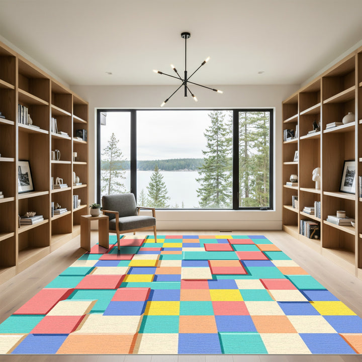 Retro Coral Teal Yellow Geometric Blocks Rug