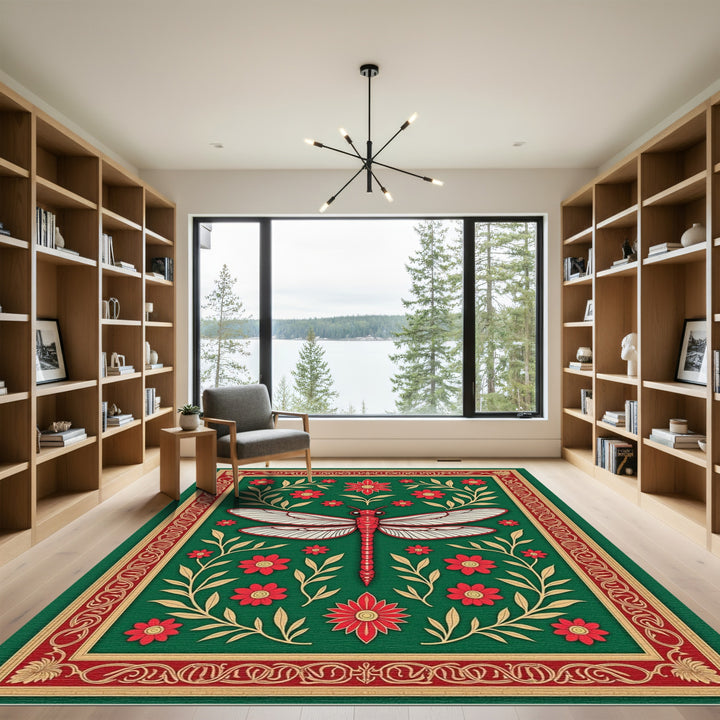 Emerald Red Dragonfly Floral Border Rug