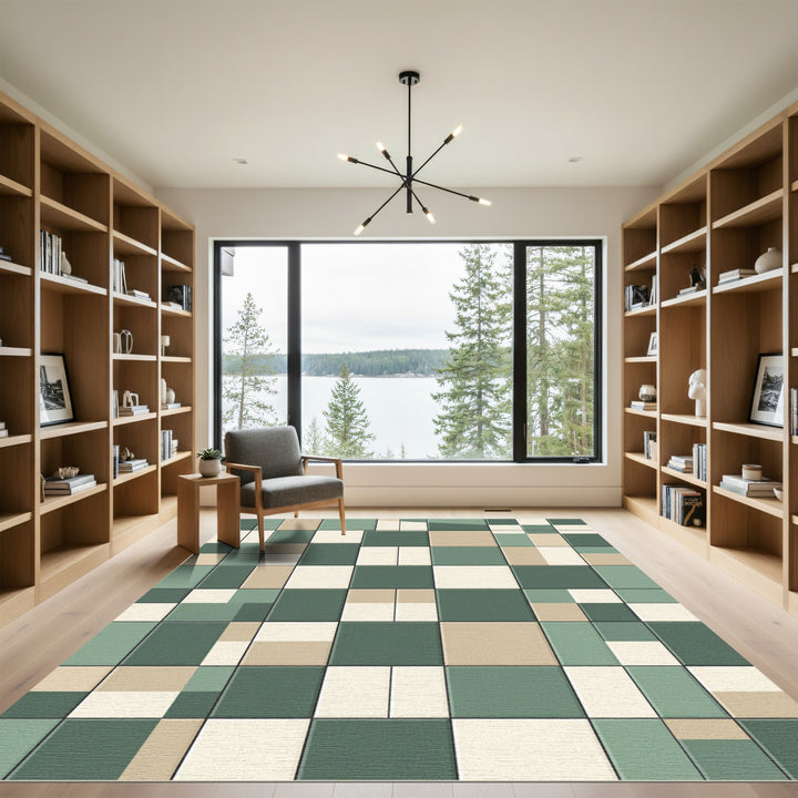 Abstract Geometric Green Beige Squares Rug