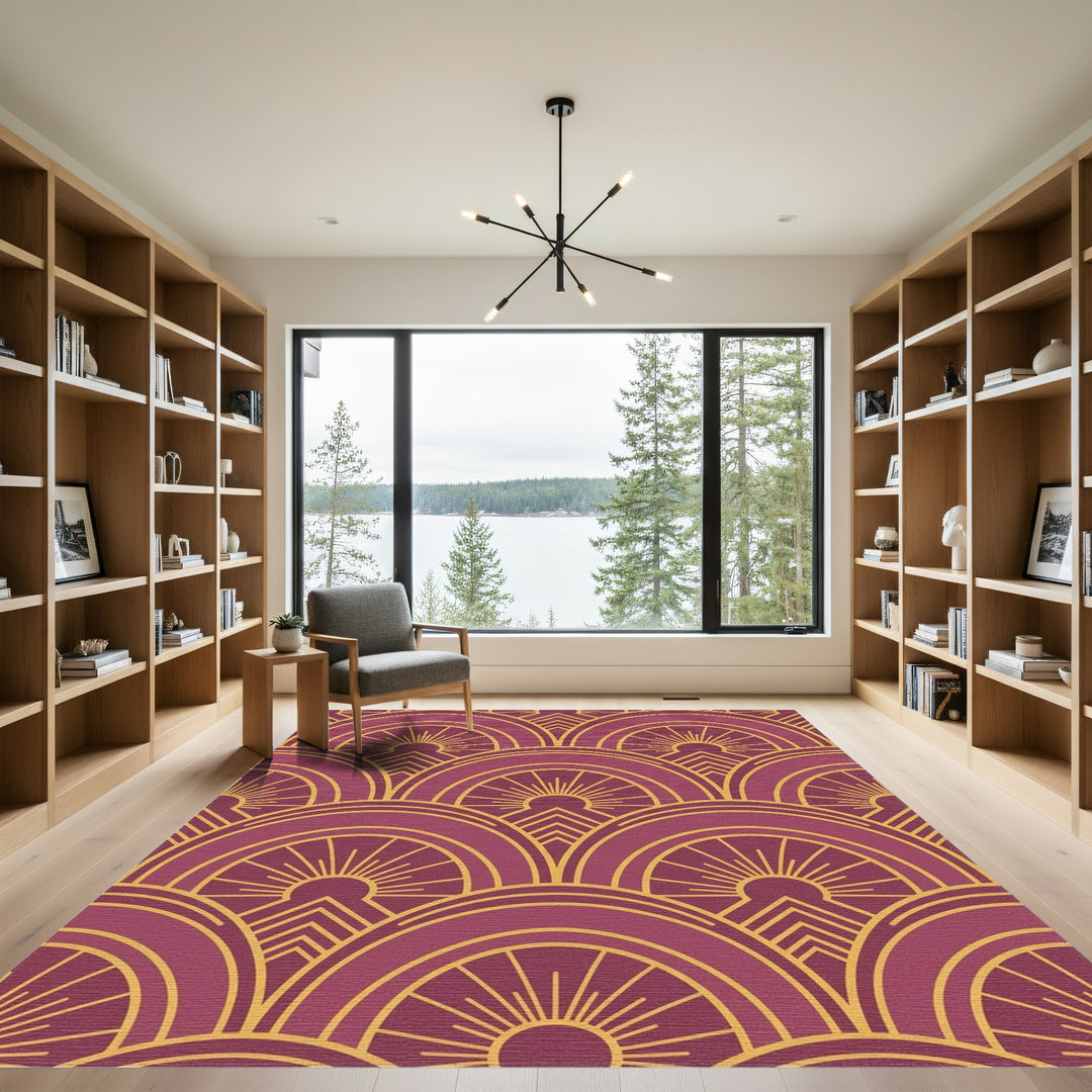 Burgundy Gold Sunburst Geometric Arch Rug