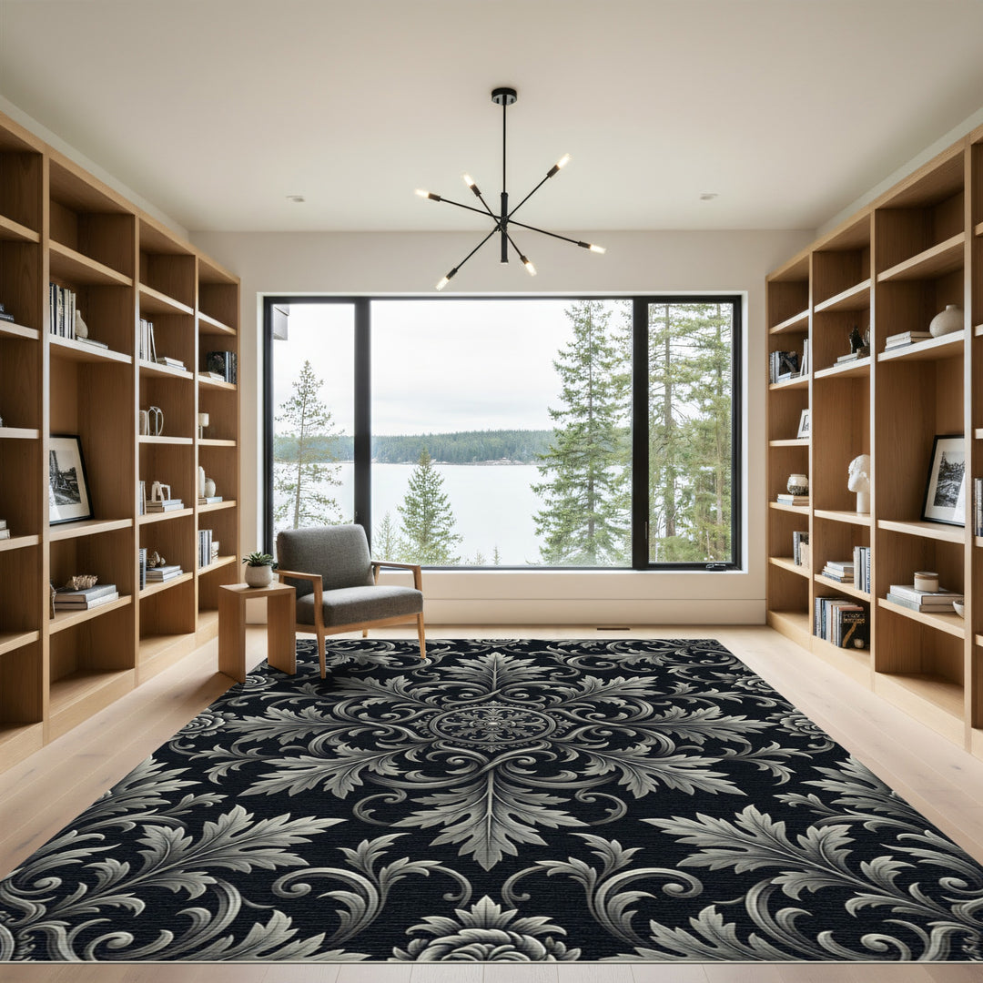 Intricate Silver Foliage Scrollwork Rug