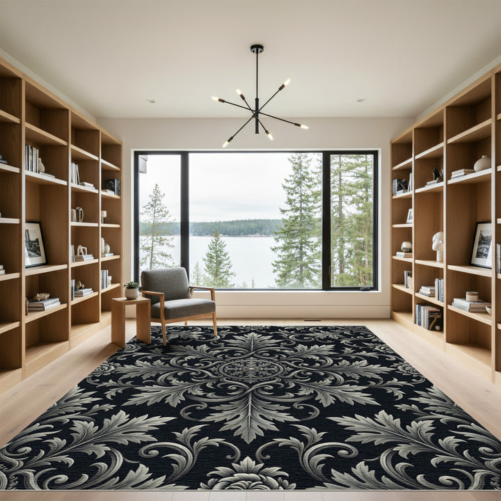 Intricate Silver Foliage Scrollwork Rug