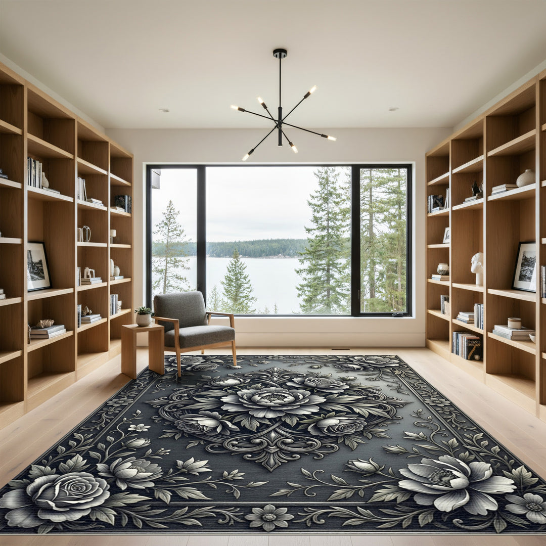 Elegant Monochrome Floral Ornament Rug