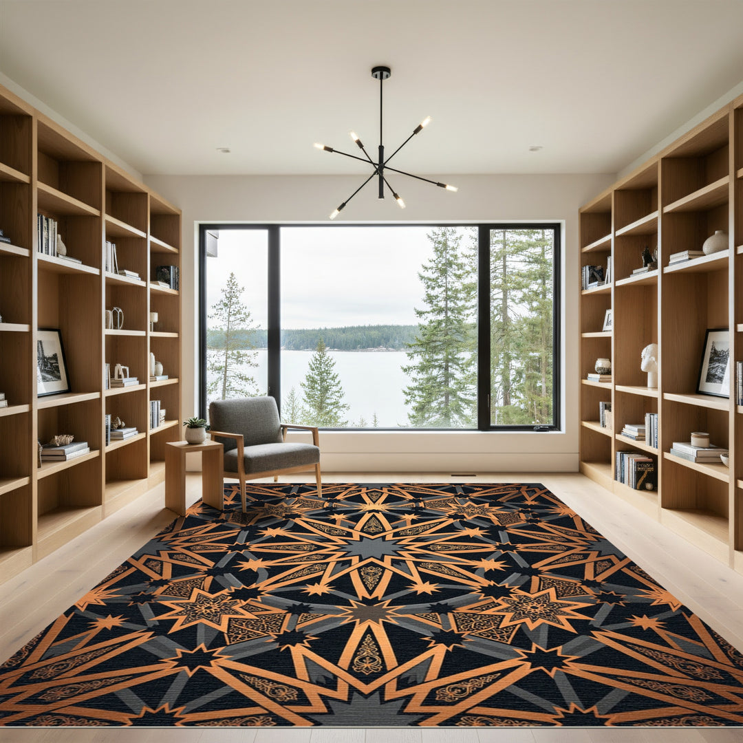 Geometric Bronze Starburst Mandala Rug