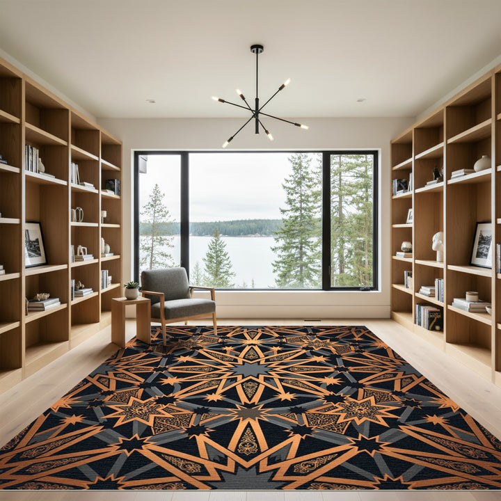 Geometric Bronze Starburst Mandala Rug