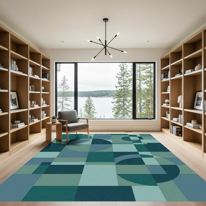 Teal Abstract Geometric Circle Squares Rug