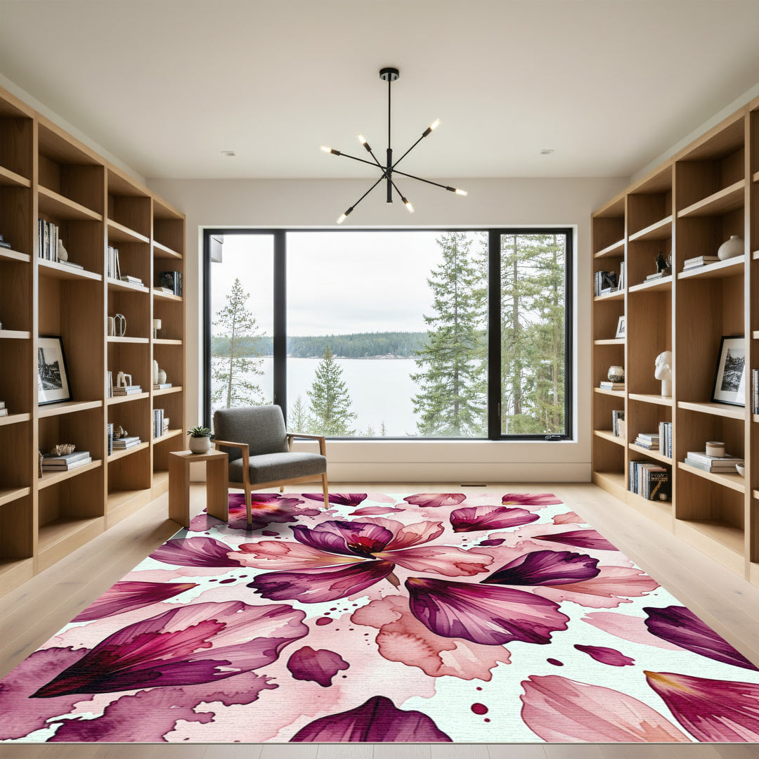 Vibrant Plum Pink Floral Watercolor Flow Rug