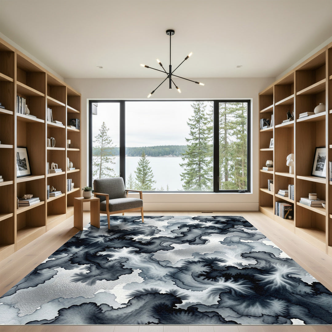 Dark Ink Wash Swirl Abstract Rug