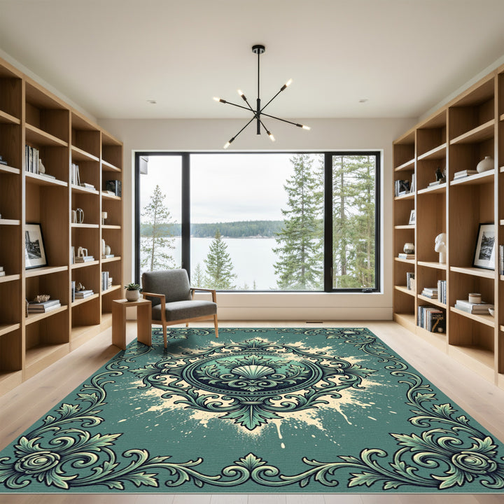 Green Scrollwork Seashell Emblem Rug
