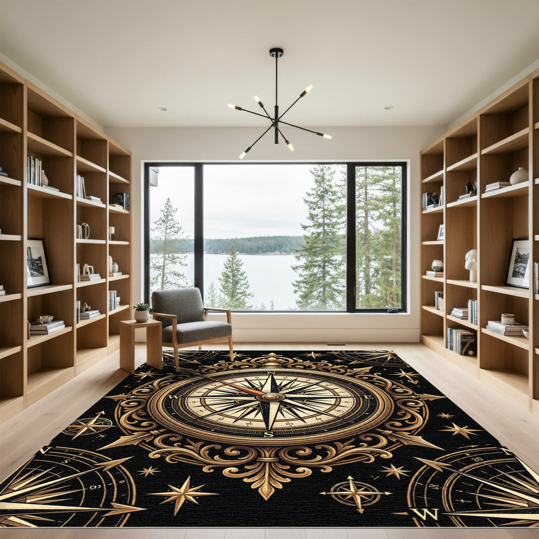 Ornate Gold Compass Nautical Rug